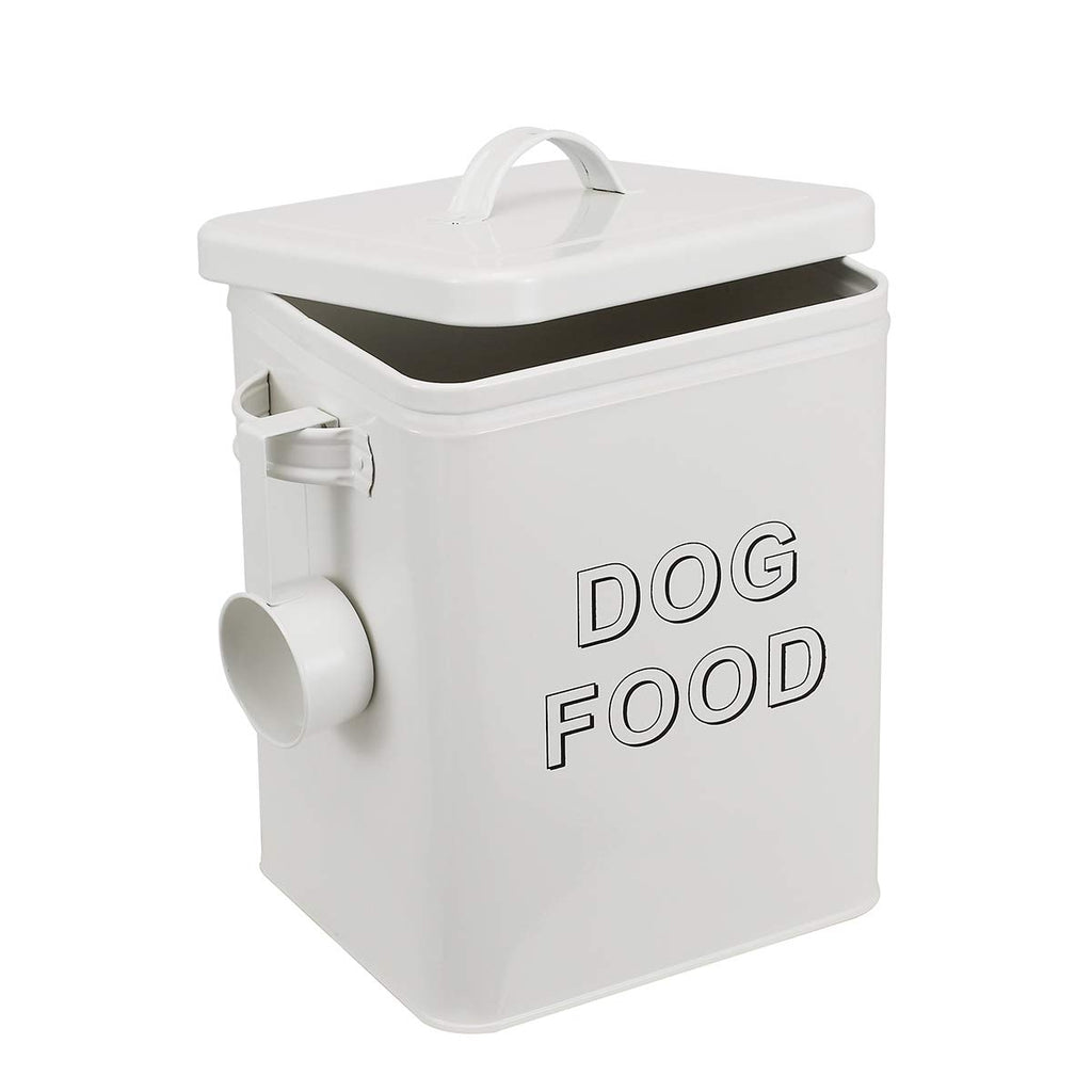 Airtight Dog Treat Container and Food Storage Tin with Lid, Handle, Scoop, 4-5 lbs Capacity, White G5009