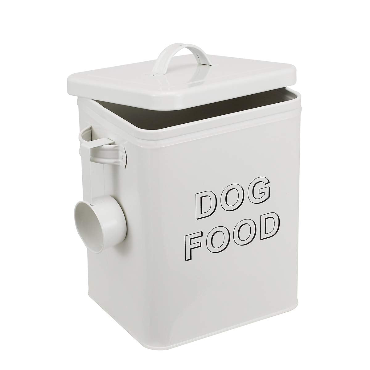 Airtight Dog Treat Container and Food Storage Tin with Lid, Handle, Scoop, 4-5 lbs Capacity, White G5009