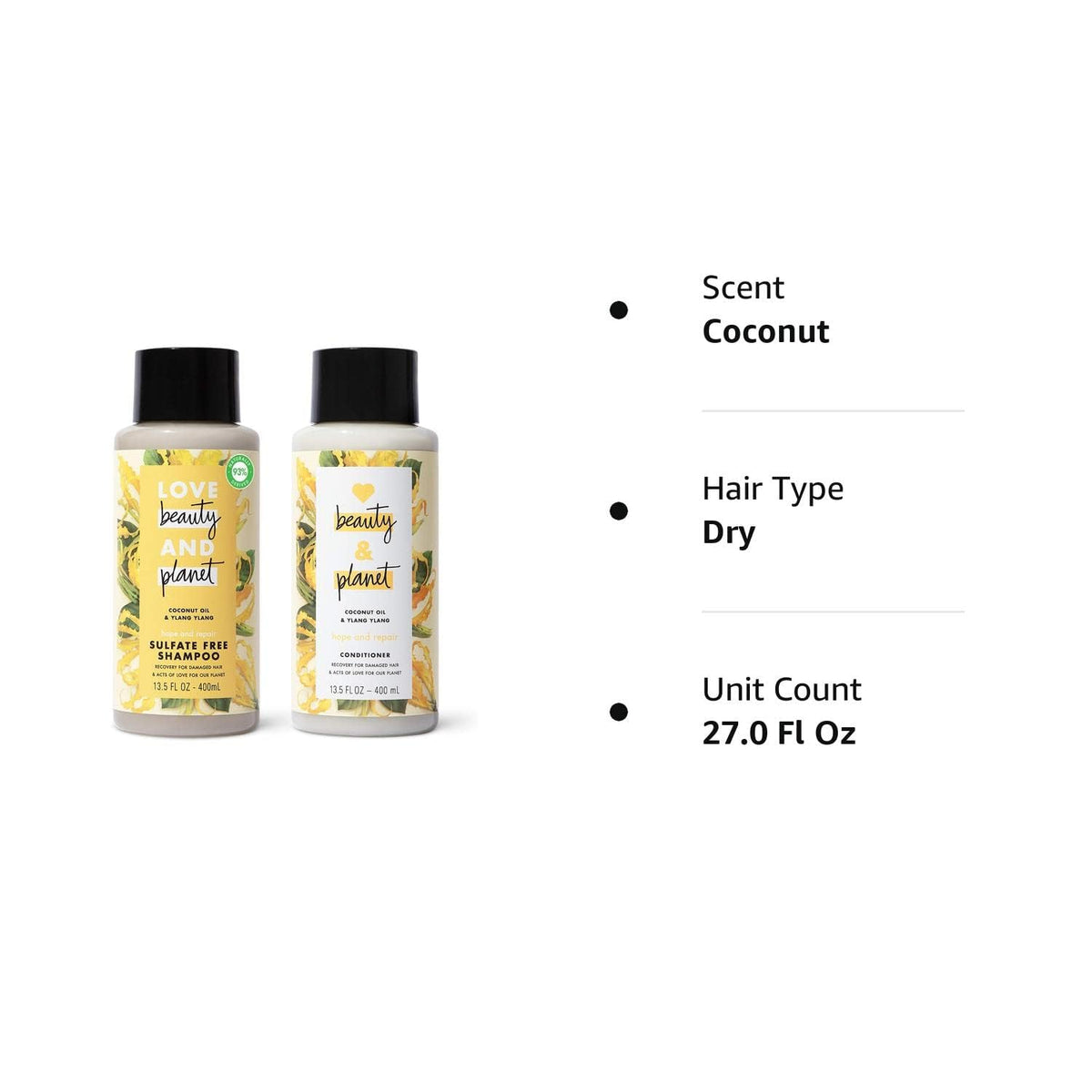 Coconut Oil & Ylang Shampoo and Conditioner 2 Count 13.5 oz G956