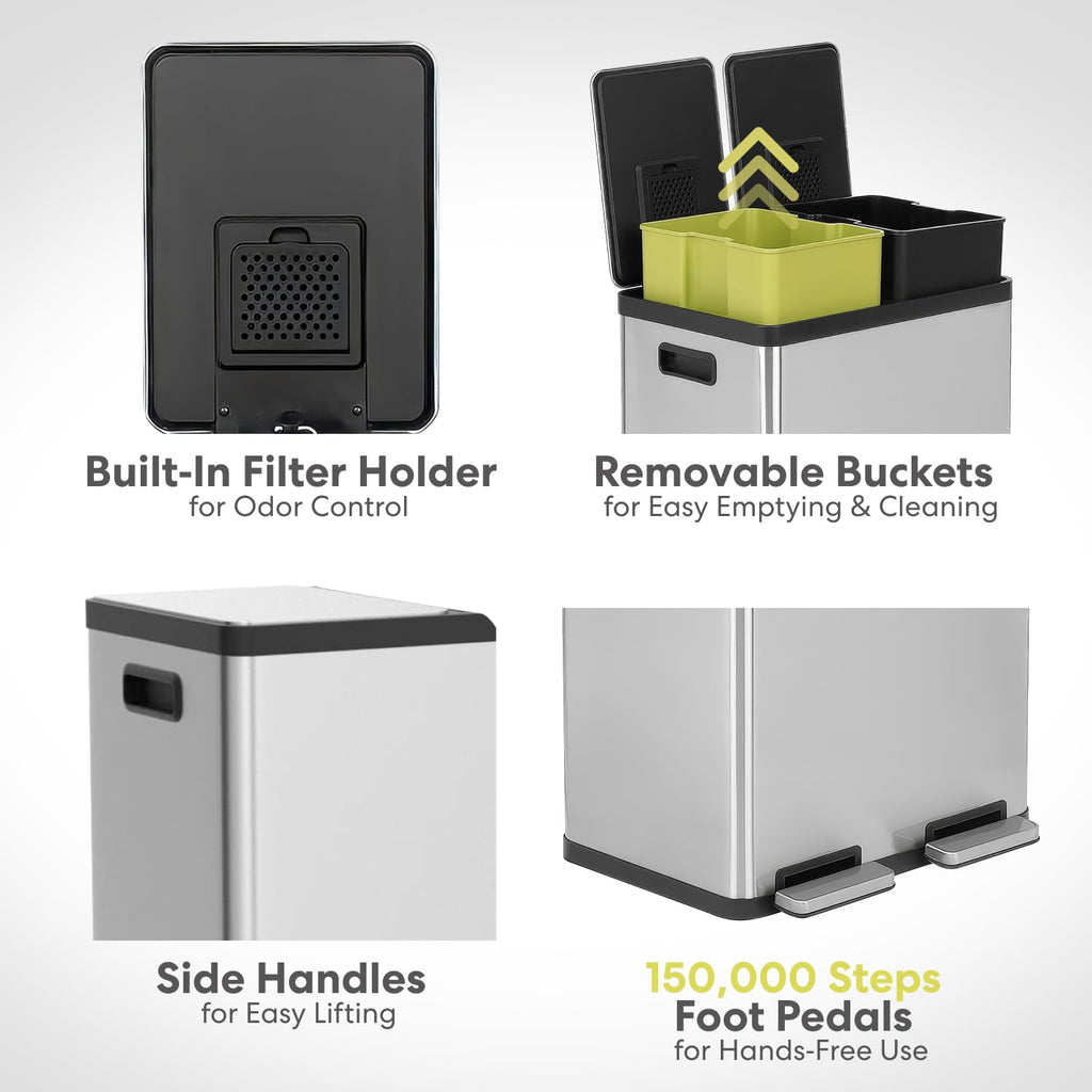 16 Gallon Dual Compartment Stainless Steel Step Trash Can U48725