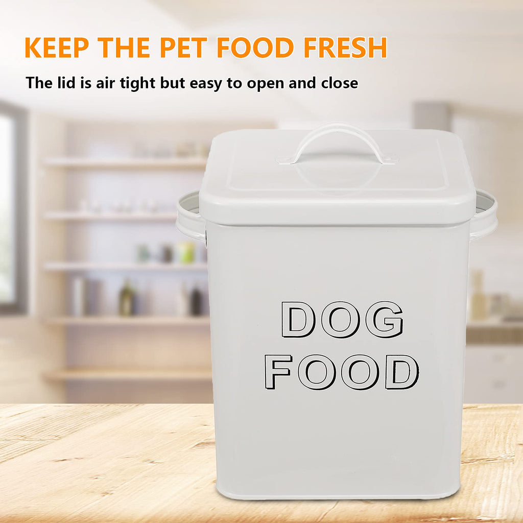 Airtight Dog Treat Container and Food Storage Tin with Lid, Handle, Scoop, 4-5 lbs Capacity, White G5009