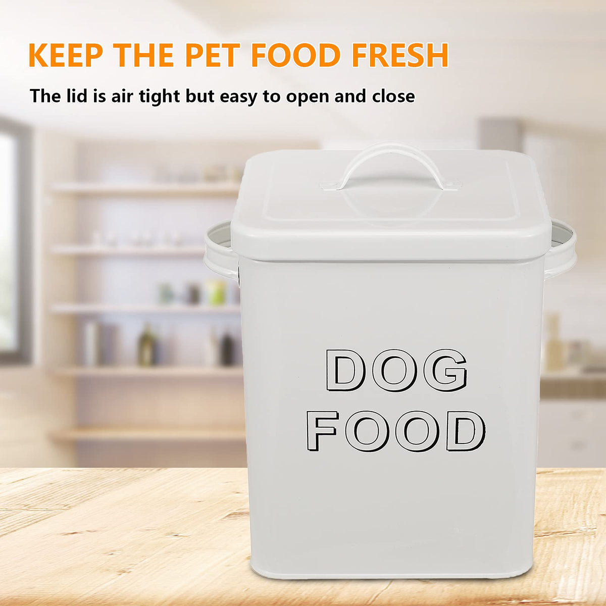 Airtight Dog Treat Container and Food Storage Tin with Lid, Handle, Scoop, 4-5 lbs Capacity, White G5009