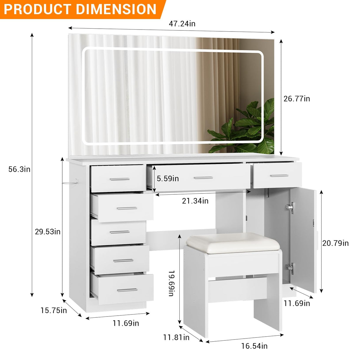 White 7 Drawer Vanity Desk with LED Mirror X7164