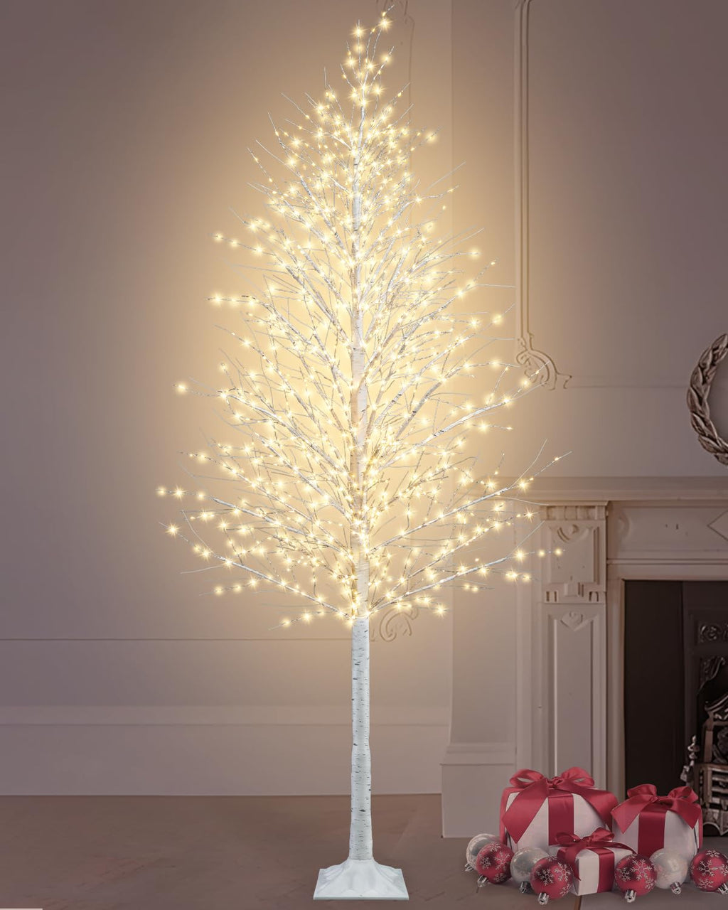 8FT Lighted White Artificial Christmas Twig Tree with 1440 Warm White LEDs C75571