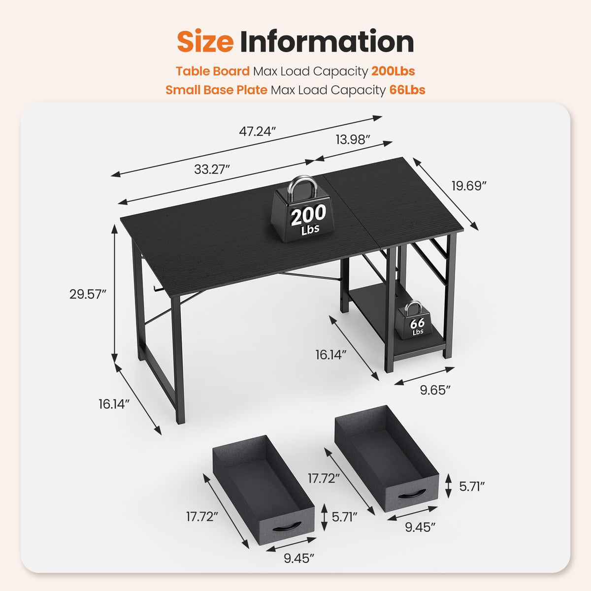 47 Inch Computer Desk with Drawers Black O4445