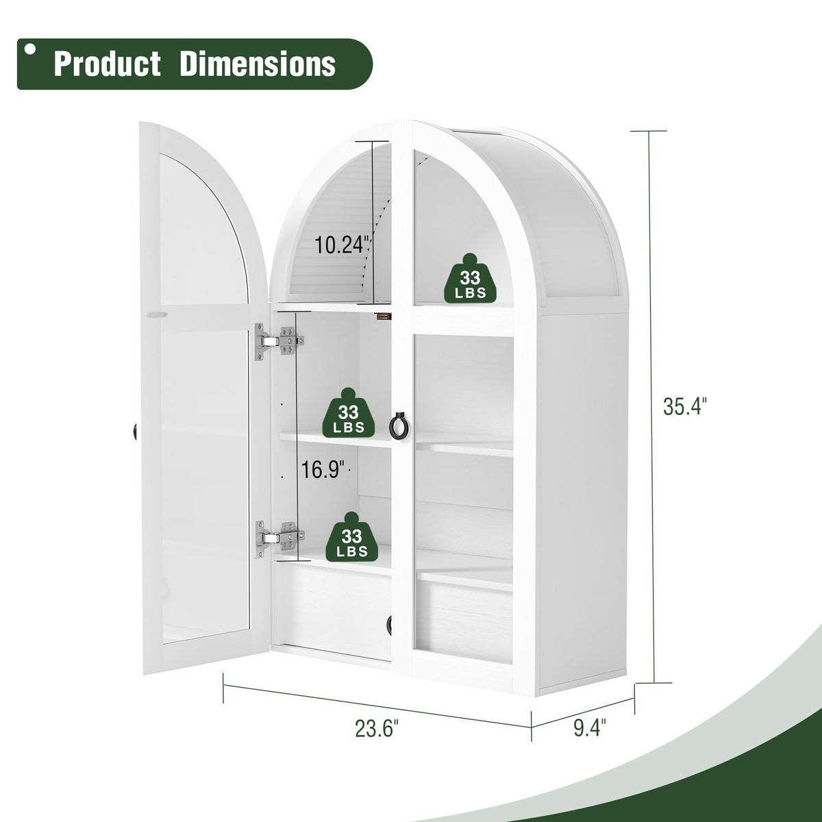 White Arched Bathroom Wall Cabinet with Tempered Glass Door and Adjustable Shelf J370