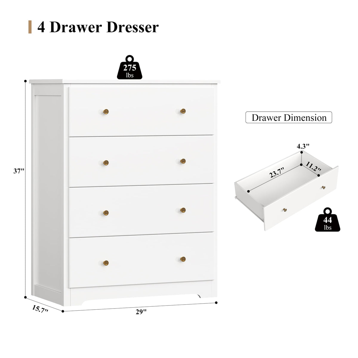White 4 Drawer Wood Dresser H893