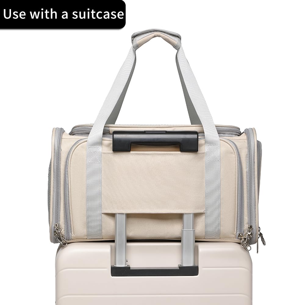 Airline Approved Pet Carrier for Cats and Small Dogs up to 15 lbs, Breathable Mesh, Portable Travel Bag (Khaki, Expandable) K684