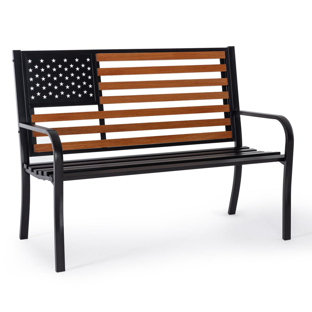 50” Outdoor Garden Bench with Flag Style Cast Iron Metal Frame I553805