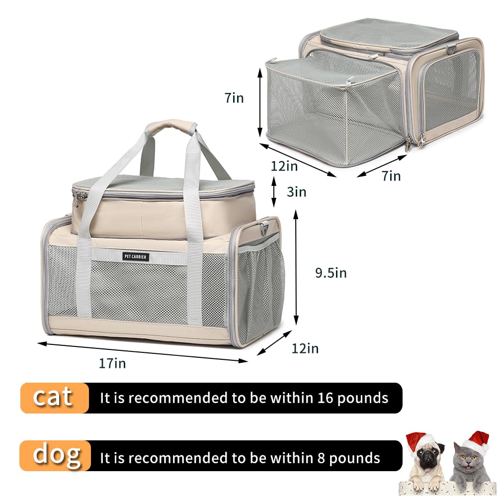 Airline Approved Pet Carrier for Cats and Small Dogs up to 15 lbs, Breathable Mesh, Portable Travel Bag (Khaki, Expandable) K684
