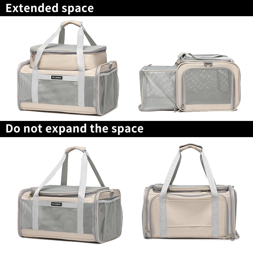Airline Approved Pet Carrier for Cats and Small Dogs up to 15 lbs, Breathable Mesh, Portable Travel Bag (Khaki, Expandable) K684