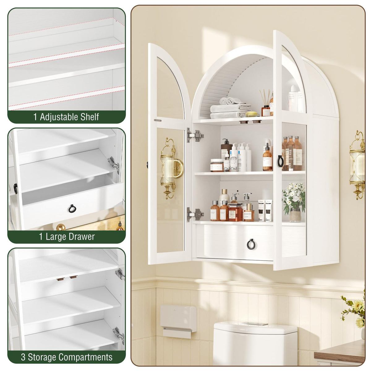 White Arched Bathroom Wall Cabinet with Tempered Glass Door and Adjustable Shelf J370