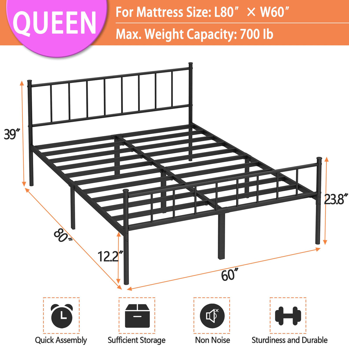 Queen Metal Bed Frame with Steel Slat Support U829