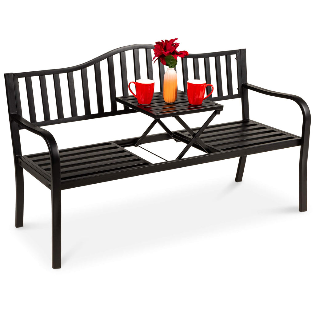 Black Steel Outdoor Garden Bench with Pullout Middle Table K506
