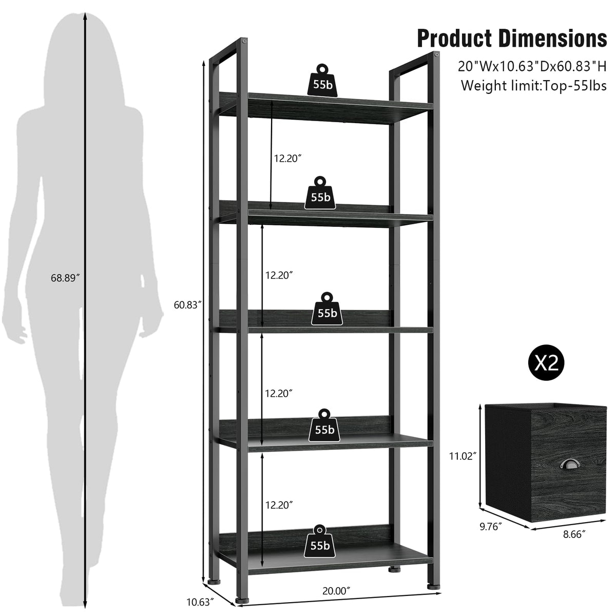 5-Tier Black Oak Bookshelf with 2 Storage Drawers Y994