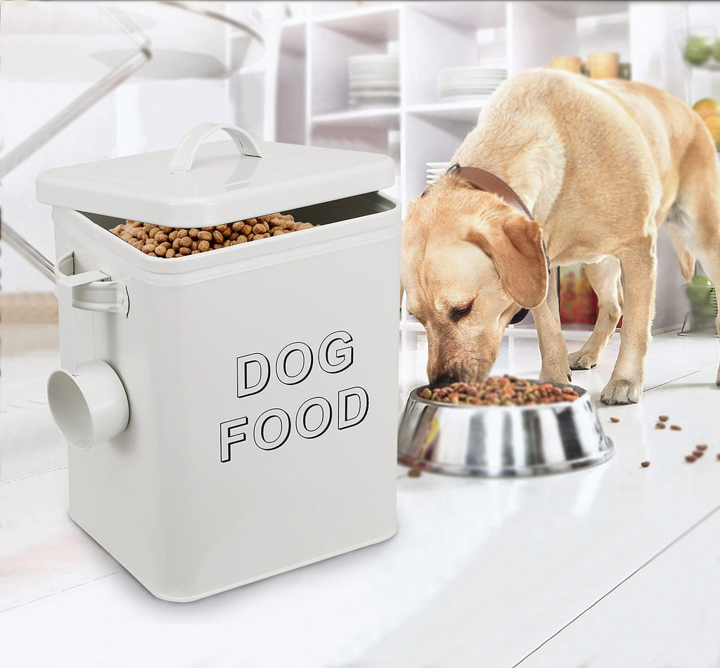 Airtight Dog Treat Container and Food Storage Tin with Lid, Handle, Scoop, 4-5 lbs Capacity, White G5009
