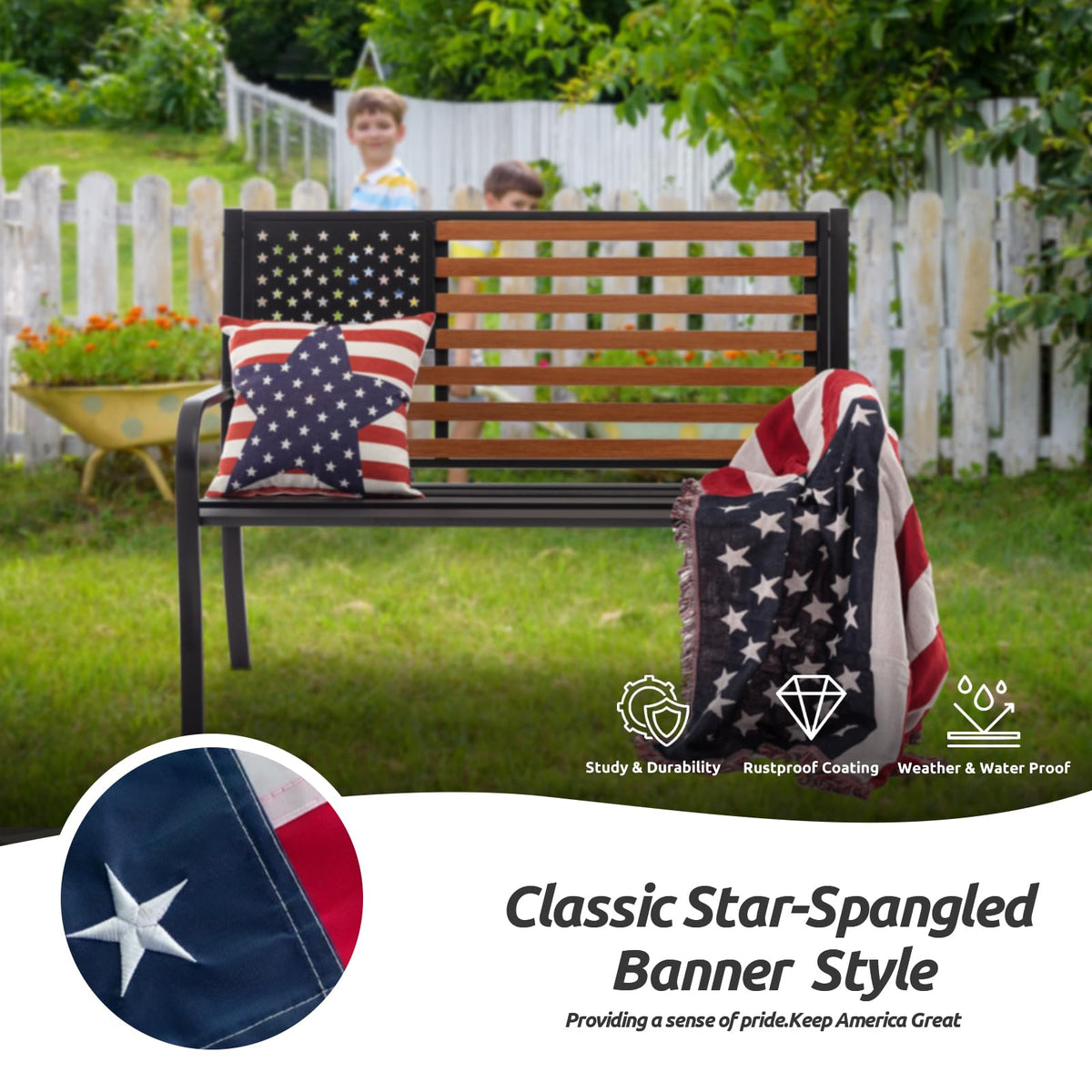 50” Outdoor Garden Bench with Flag Style Cast Iron Metal Frame I553805