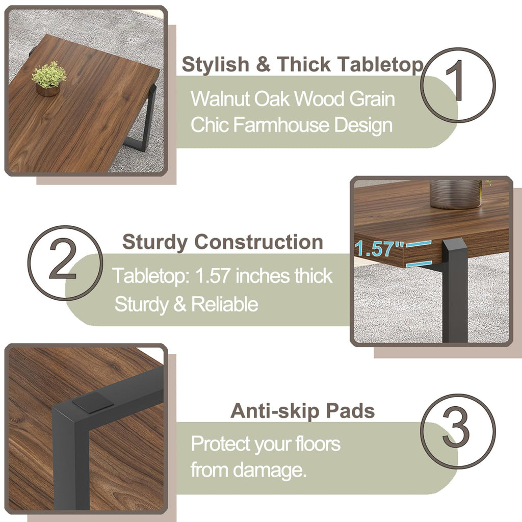 Walnut 44 Inch Wood and Metal Coffee Table B374366