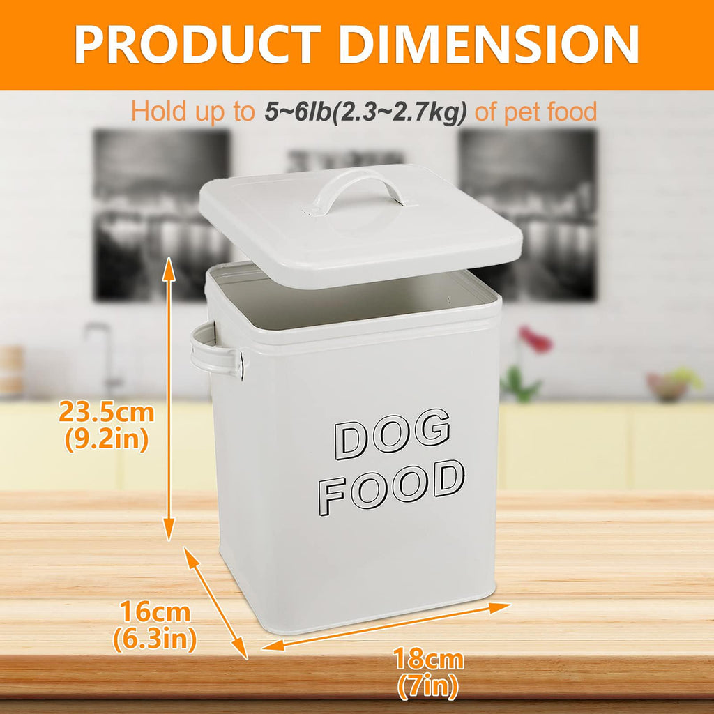 Airtight Dog Treat Container and Food Storage Tin with Lid, Handle, Scoop, 4-5 lbs Capacity, White G5009