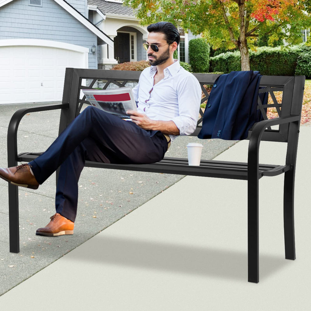 Black Cast Iron Outdoor Garden Bench with Mesh Backrest G607