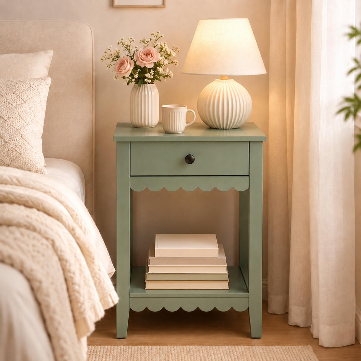 Scalloped Nightstands Side End Table with Drawer & Open Shelf A1868