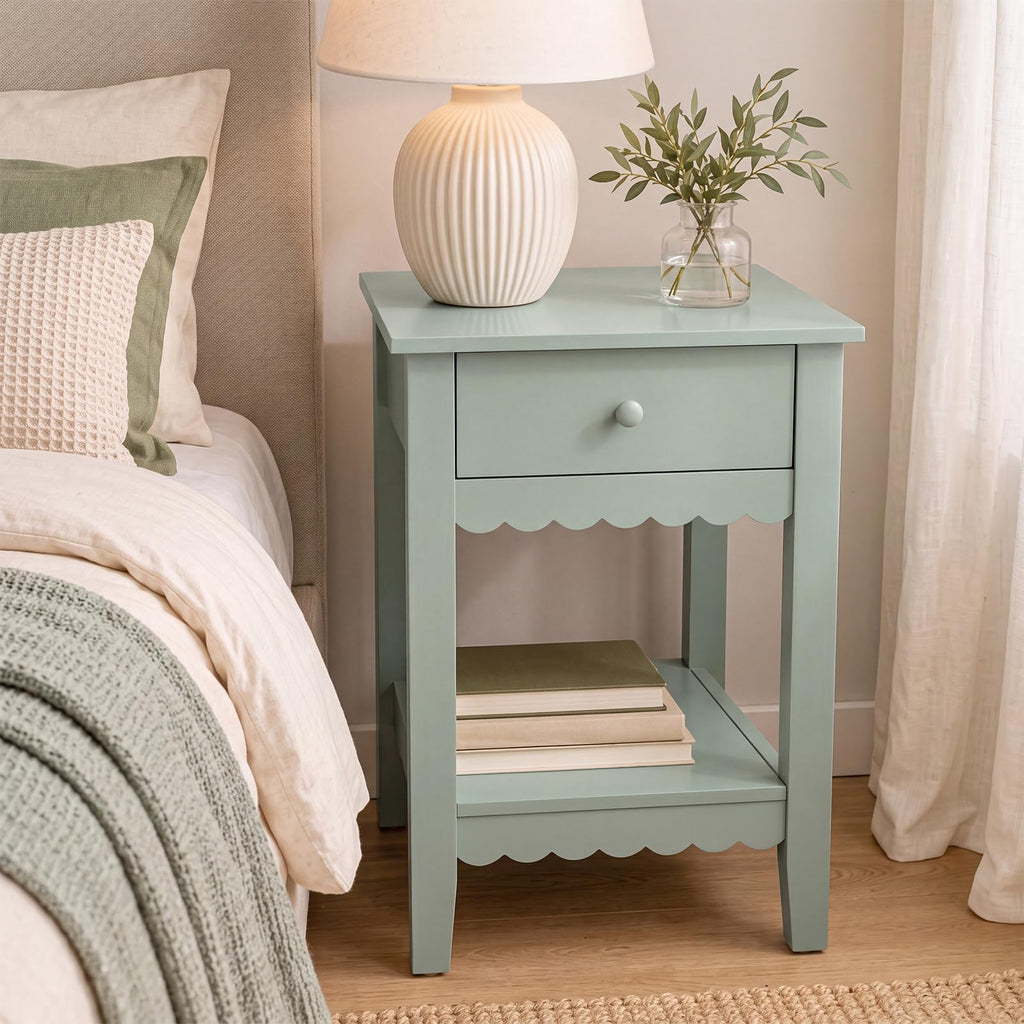 Scalloped Nightstands Side End Table with Drawer & Open Shelf A1868