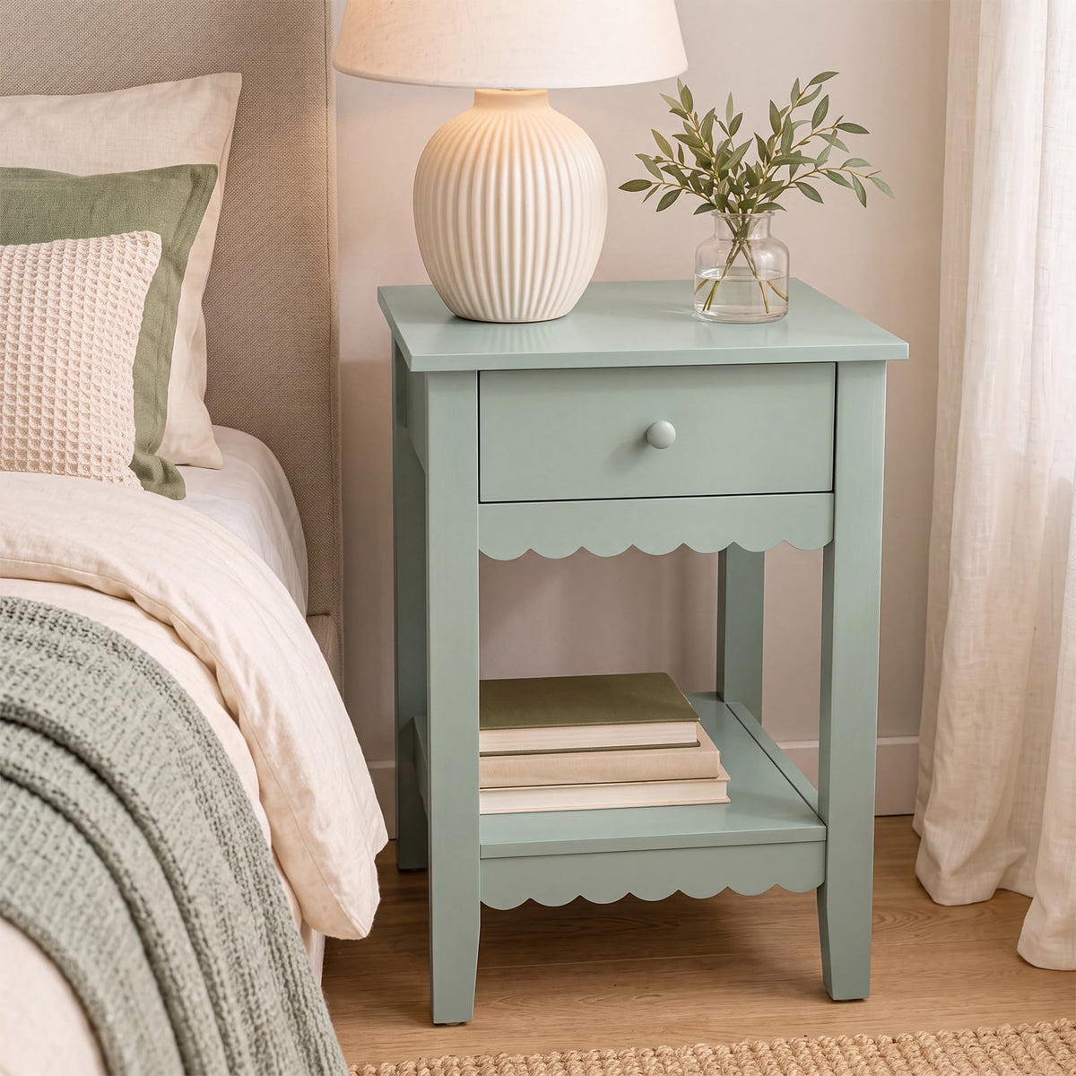 Scalloped Nightstands Side End Table with Drawer & Open Shelf A1868