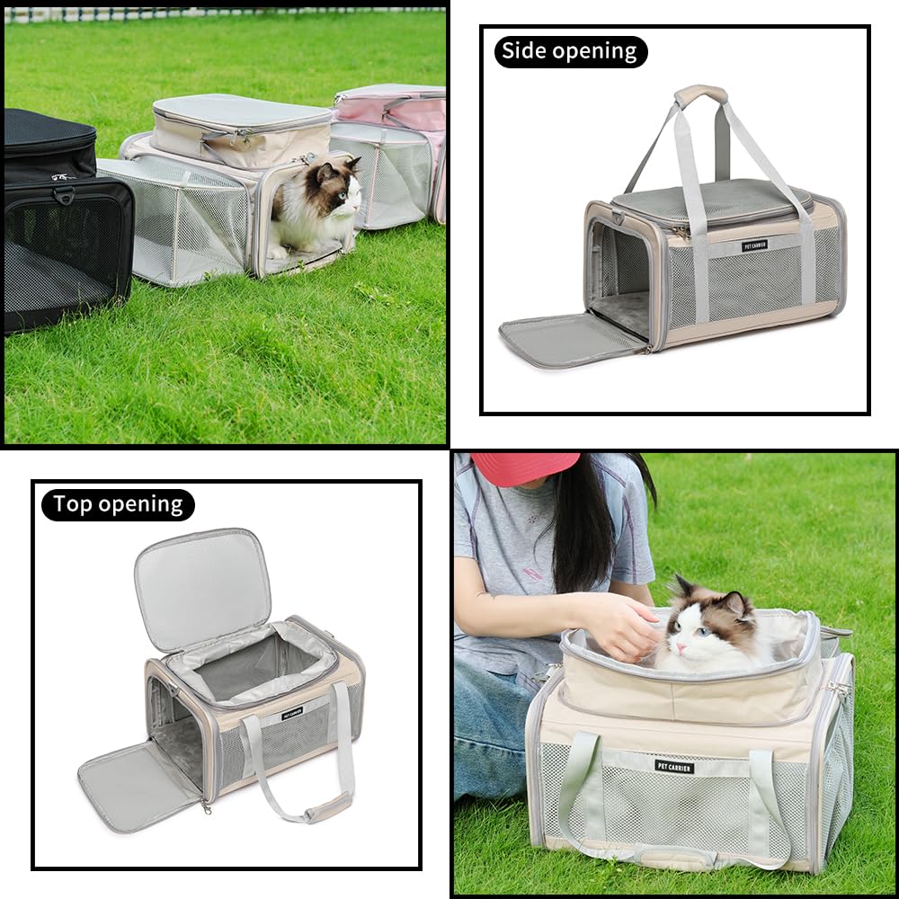 Airline Approved Pet Carrier for Cats and Small Dogs up to 15 lbs, Breathable Mesh, Portable Travel Bag (Khaki, Expandable) K684