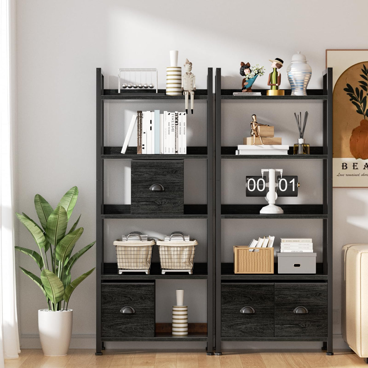 5-Tier Black Oak Bookshelf with 2 Storage Drawers Y994
