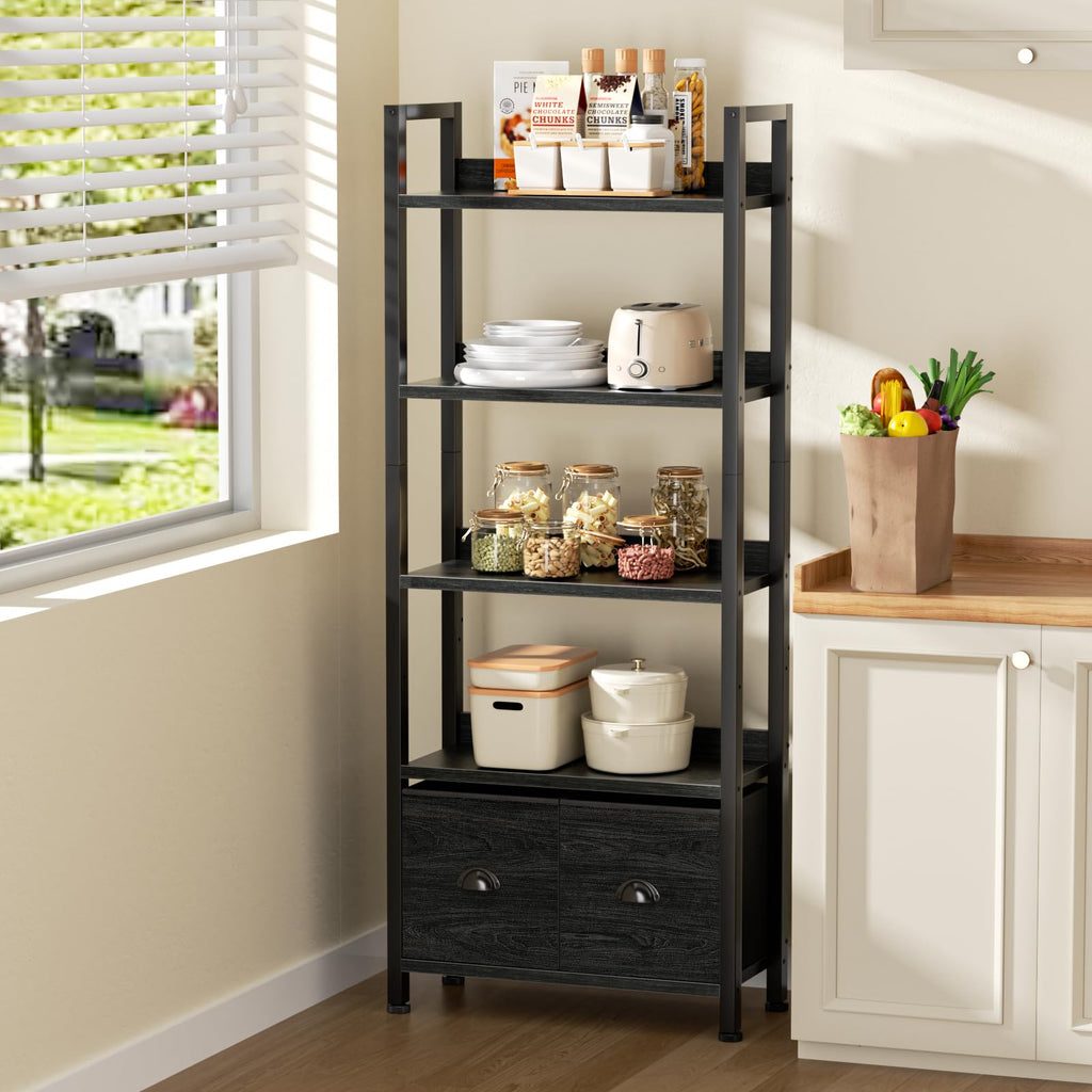 5-Tier Black Oak Bookshelf with 2 Storage Drawers Y994