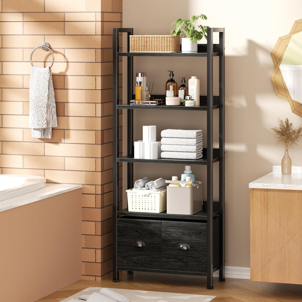 5-Tier Black Oak Bookshelf with 2 Storage Drawers Y994