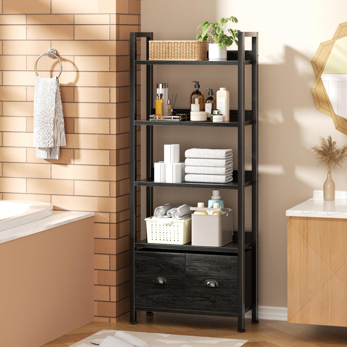 5-Tier Black Oak Bookshelf with 2 Storage Drawers Y994
