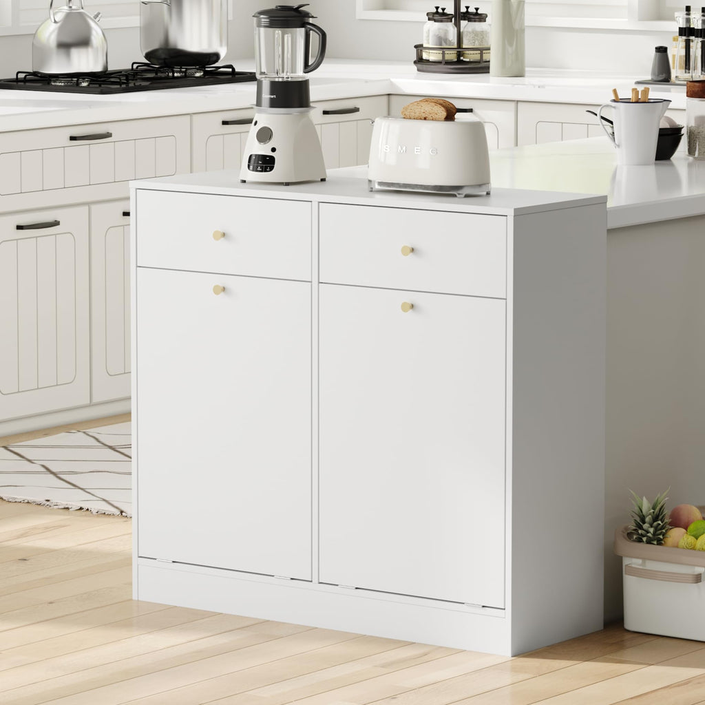 White Double Tilt Out Trash Can Cabinet with 2 Drawers V629