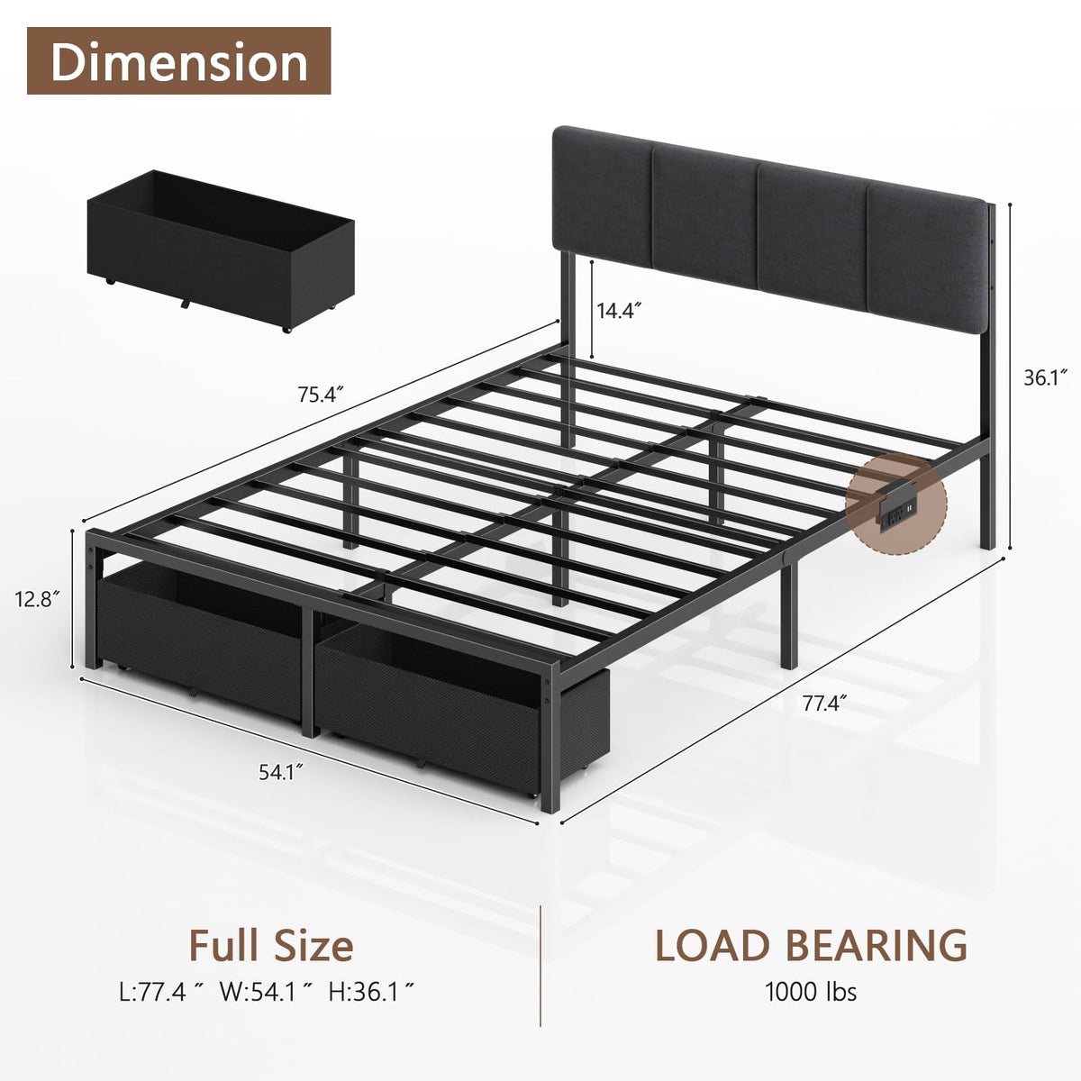 Full Size Bed Frame with Upholstered Headboard & 2 Storage Drawers W929785