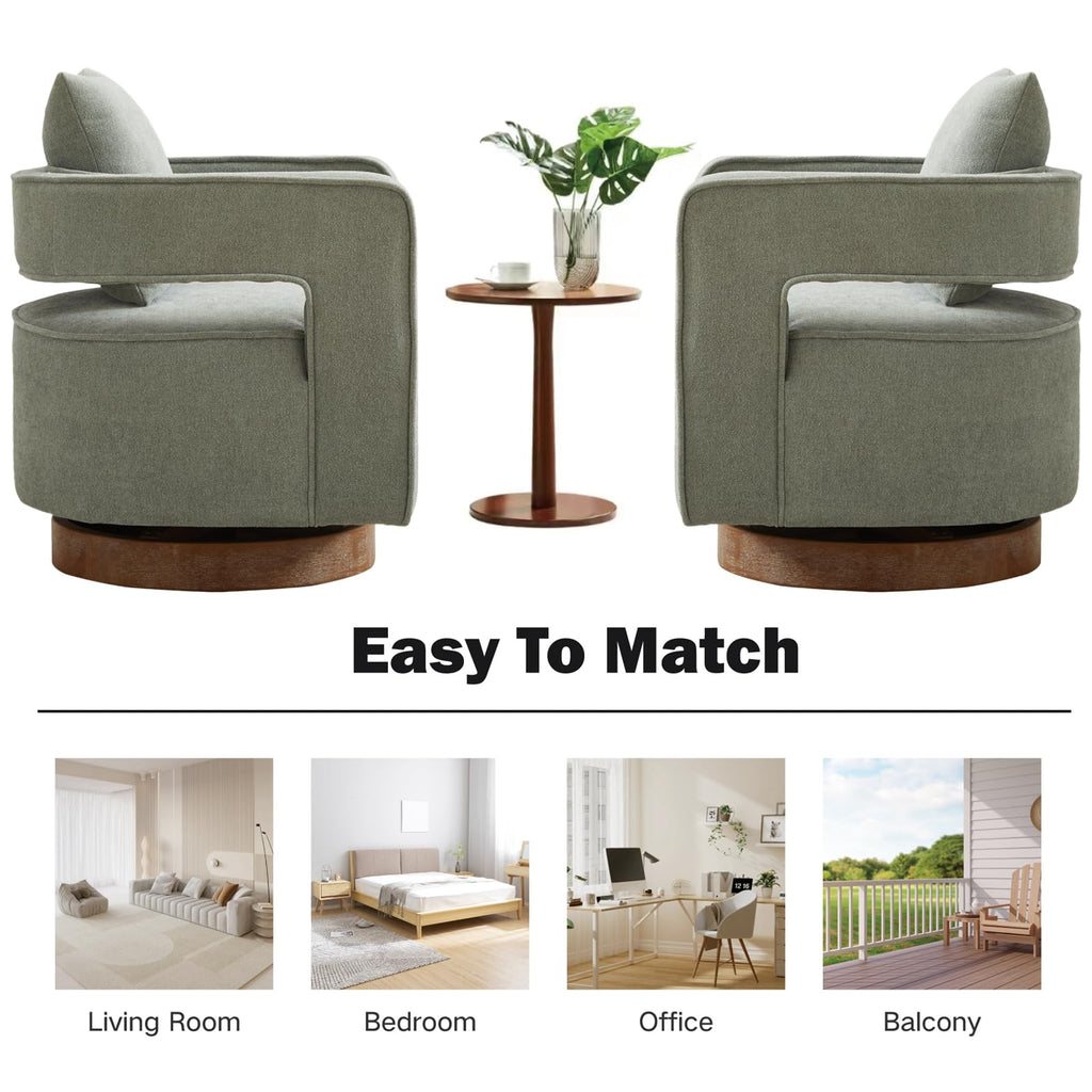 Green Linen Swivel Accent Barrel Chair Set of 2 with Solid Wood Base T7178