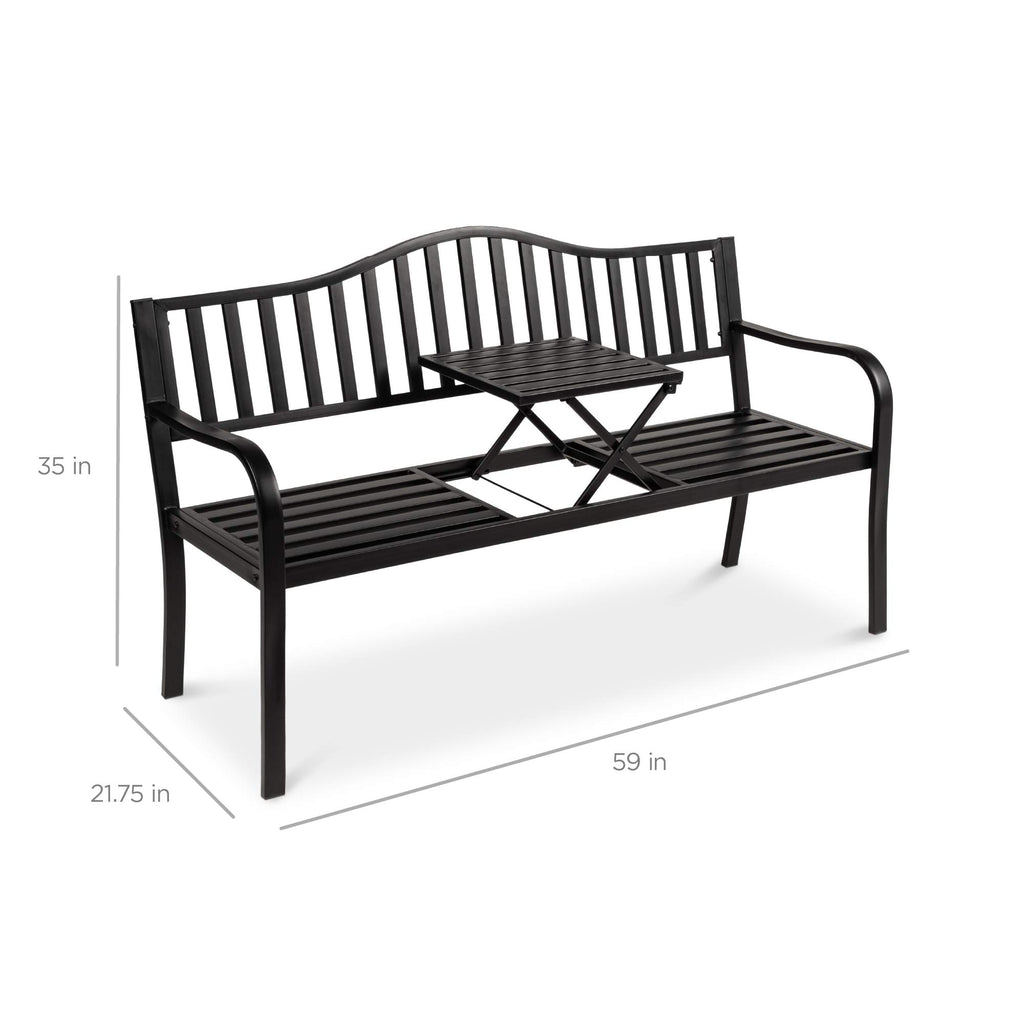 Black Steel Outdoor Garden Bench with Pullout Middle Table K506