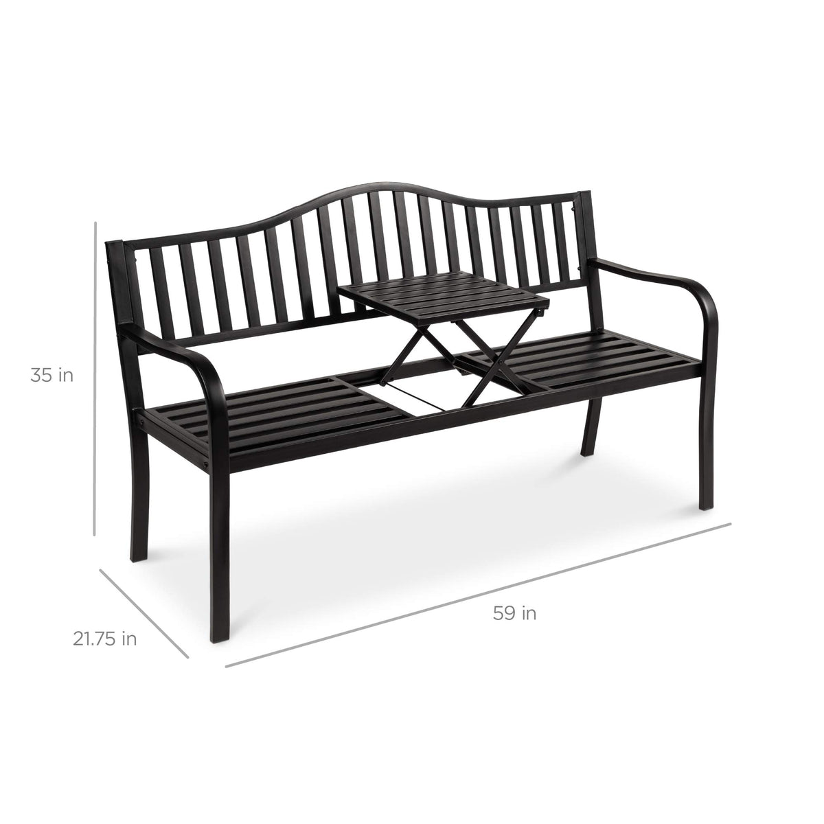 Black Steel Outdoor Garden Bench with Pullout Middle Table K506