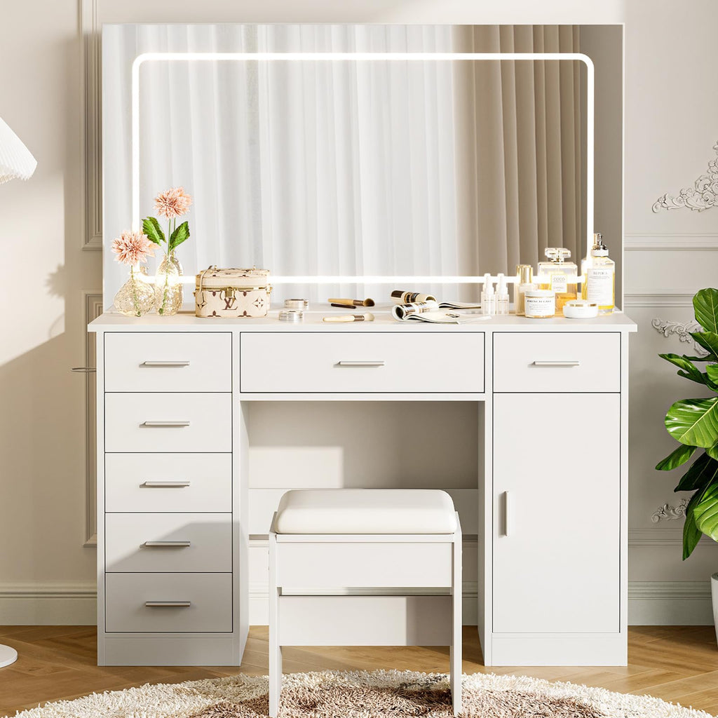 White 7 Drawer Vanity Desk with LED Mirror X7164