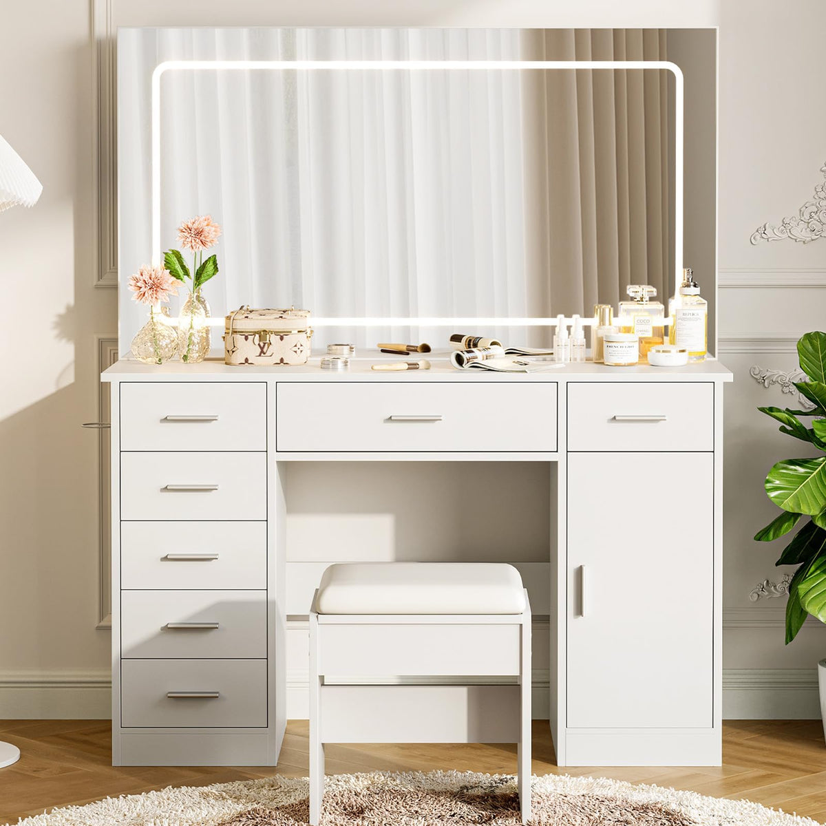 White 7 Drawer Vanity Desk with LED Mirror X7164