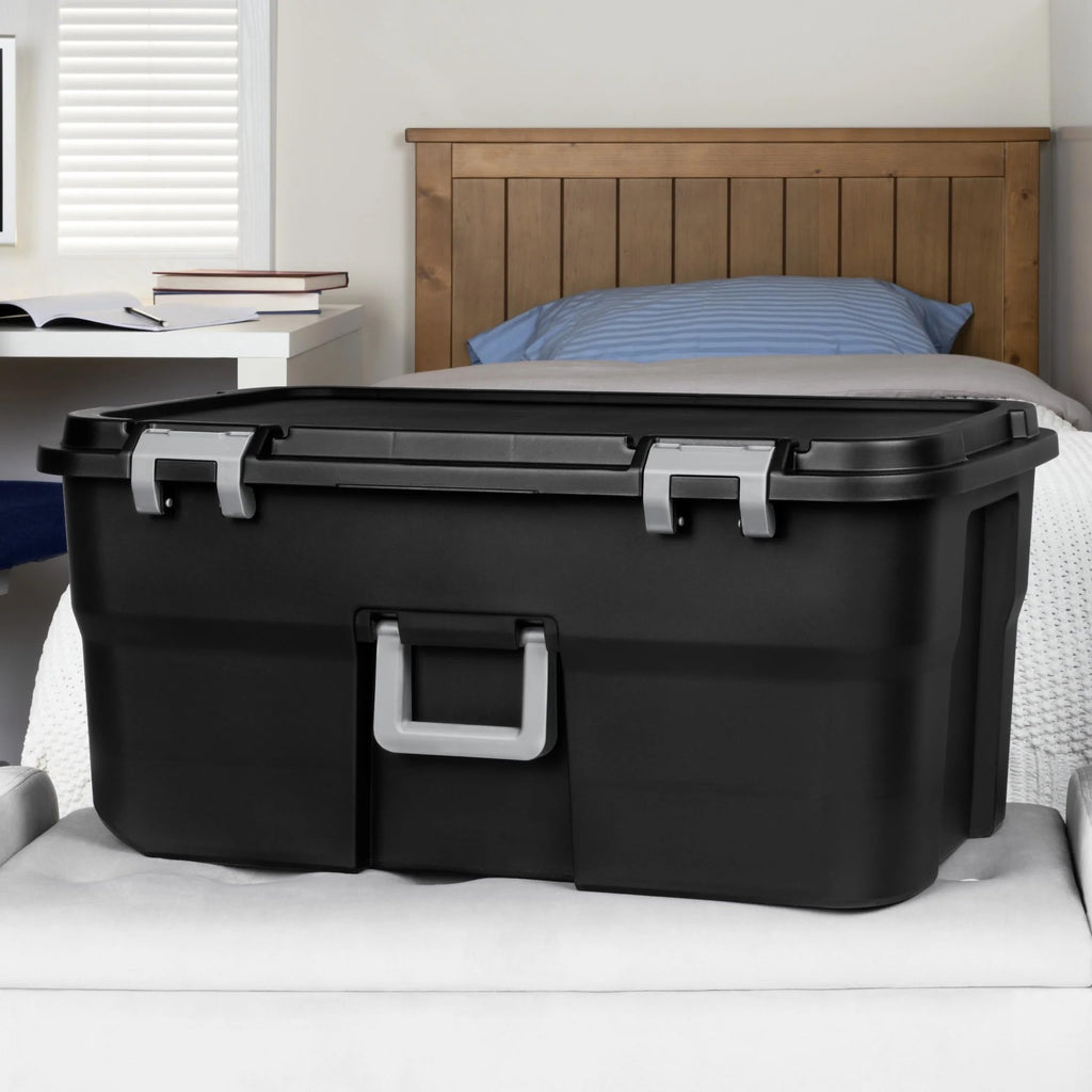 22 Gallon Black Wheeled Plastic Storage Trunk with Latching Lid A2593