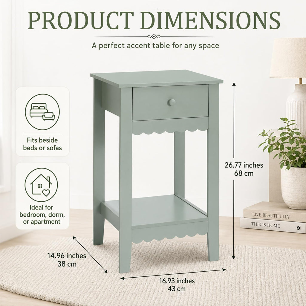 Scalloped Nightstands Side End Table with Drawer & Open Shelf A1868