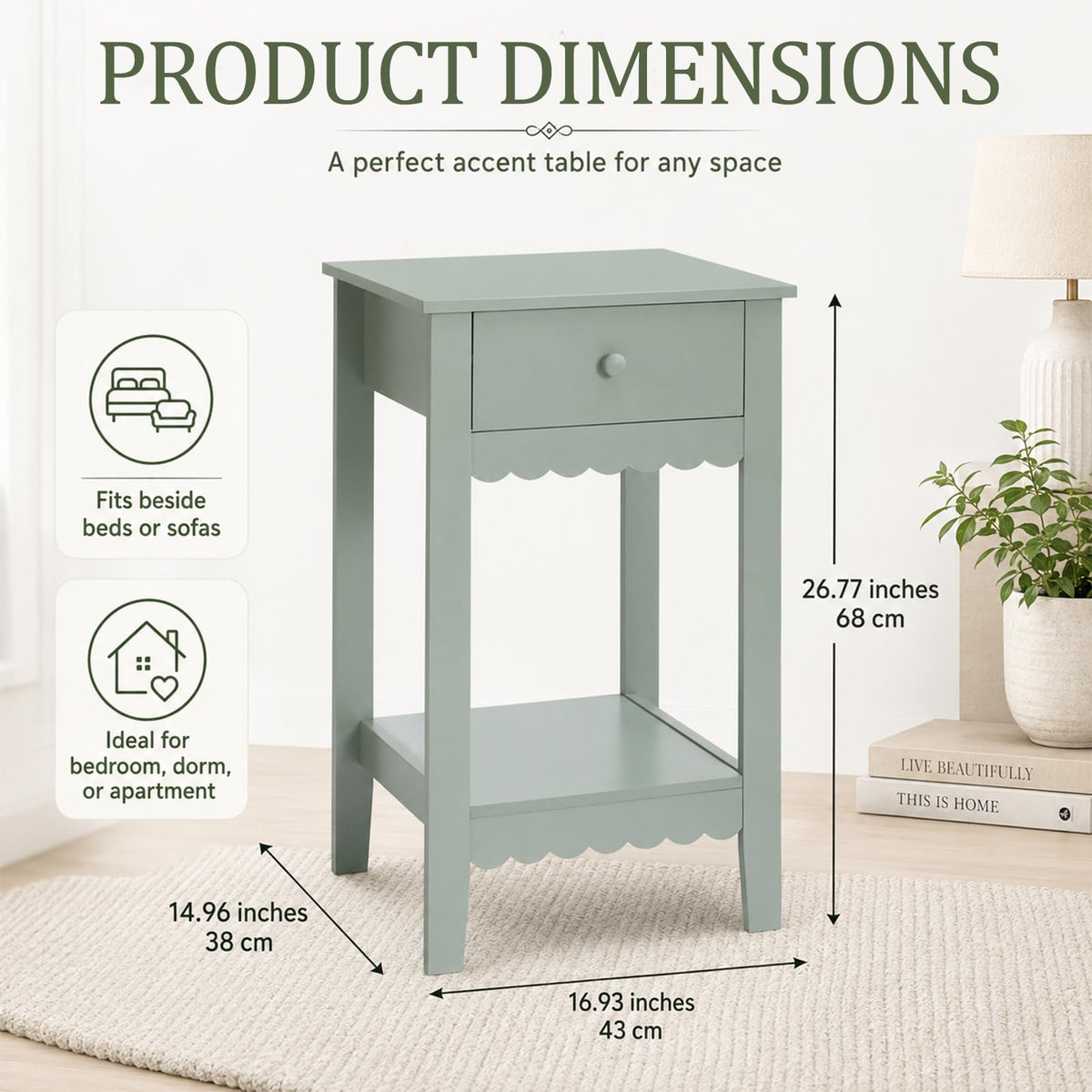 Scalloped Nightstands Side End Table with Drawer & Open Shelf A1868