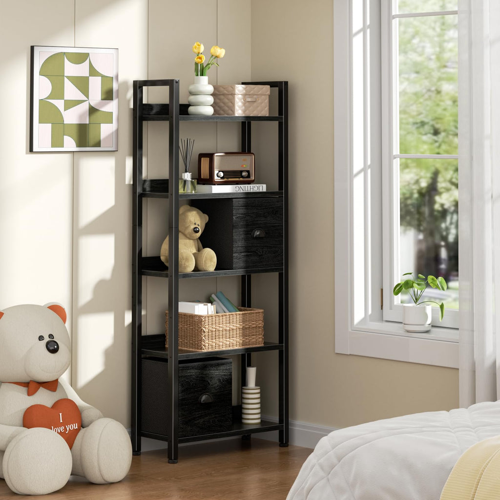 5-Tier Black Oak Bookshelf with 2 Storage Drawers Y994