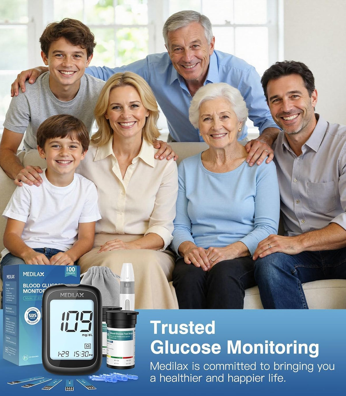 Blood Glucose Monitor Kit with 100 Strips W639