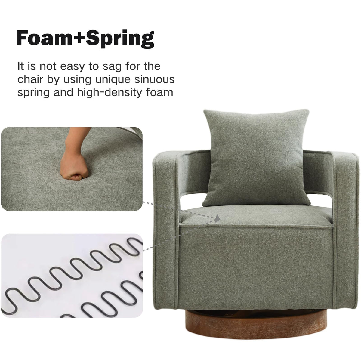 Green Linen Swivel Accent Barrel Chair Set of 2 with Solid Wood Base T7178
