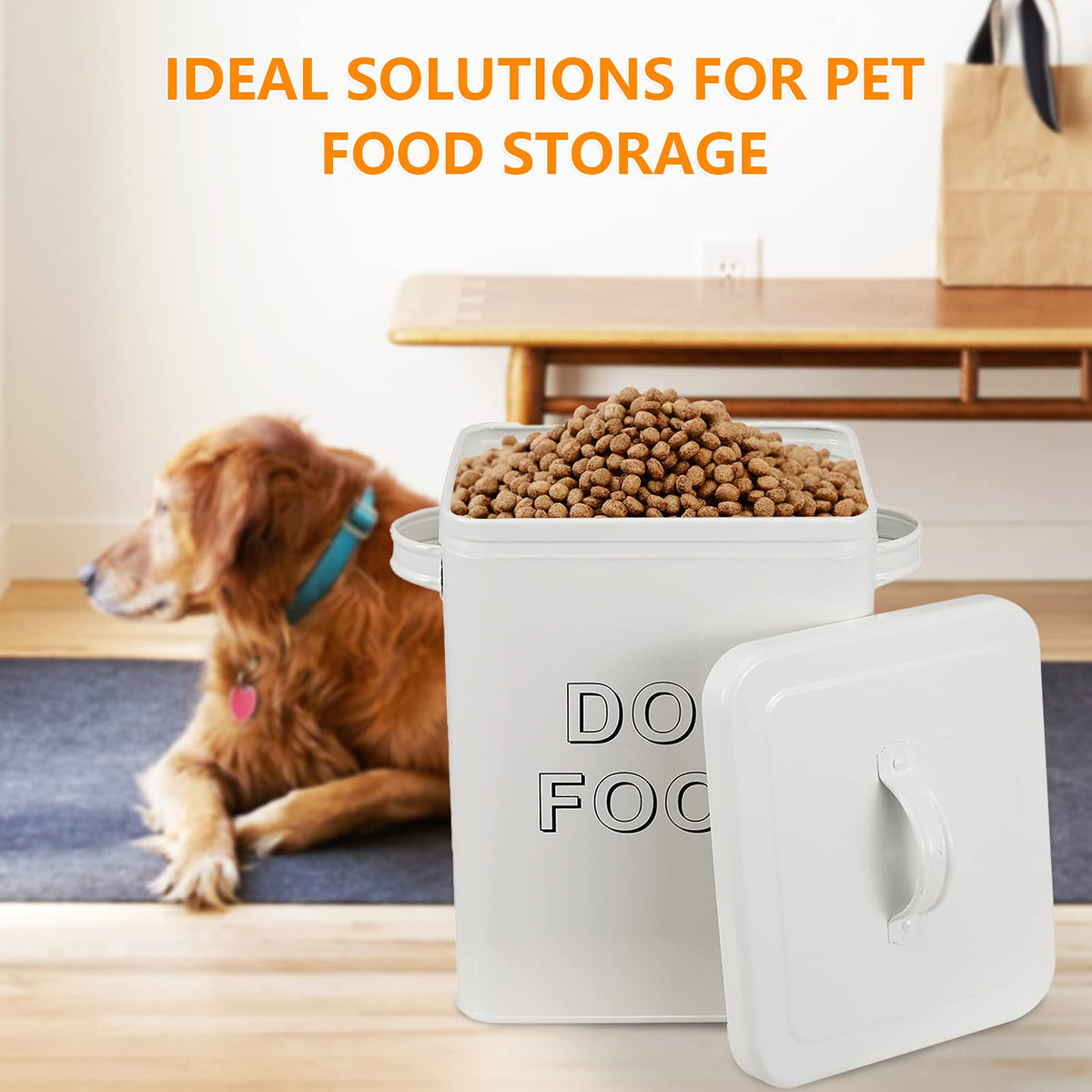 Airtight Dog Treat Container and Food Storage Tin with Lid, Handle, Scoop, 4-5 lbs Capacity, White G5009