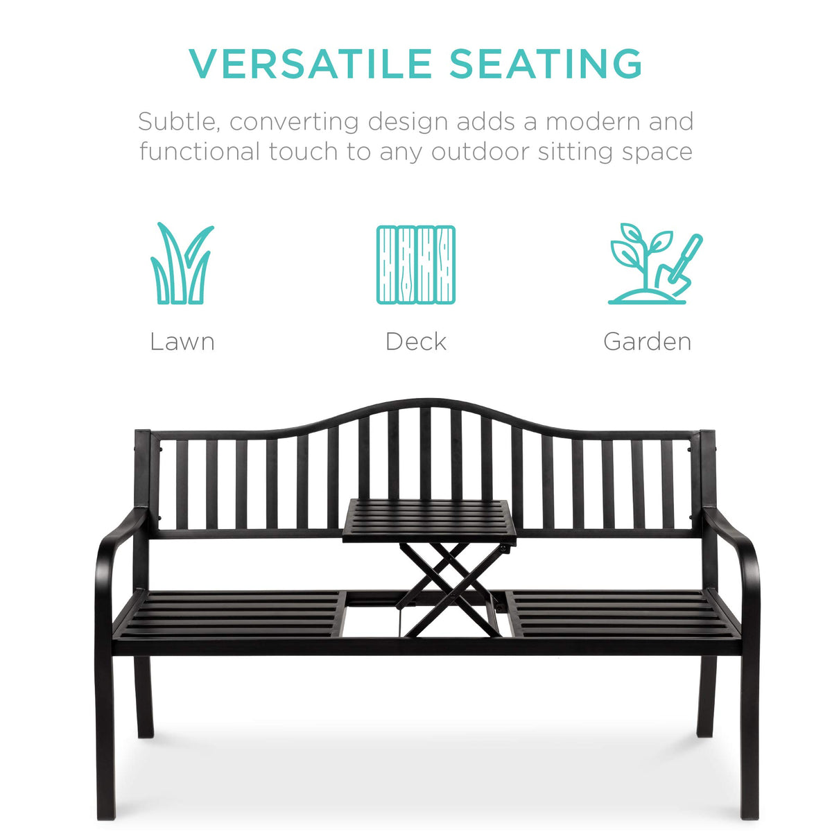 Black Steel Outdoor Garden Bench with Pullout Middle Table K506
