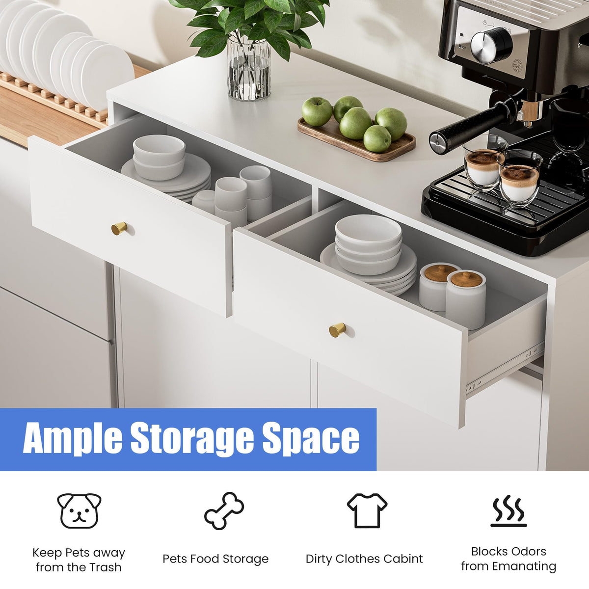 White Double Tilt Out Trash Can Cabinet with 2 Drawers V629