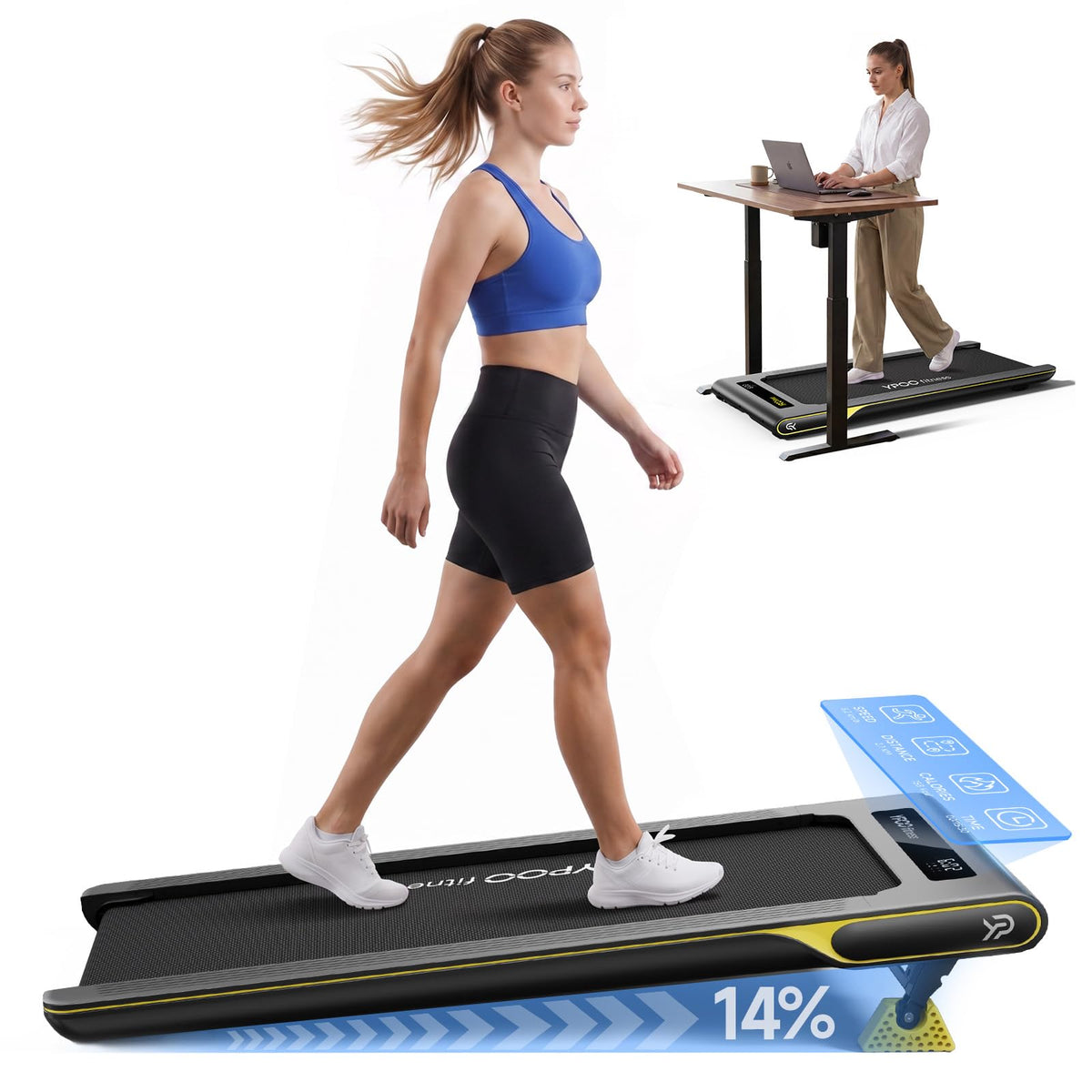 Walking Pad with 14% Incline Under Desk Treadmill H86034