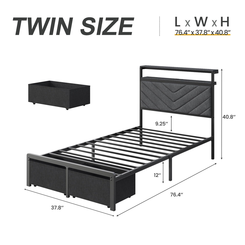 Grey Twin Bed Frame with Charging Station, LED Lights & 2 Storage Drawers V52116